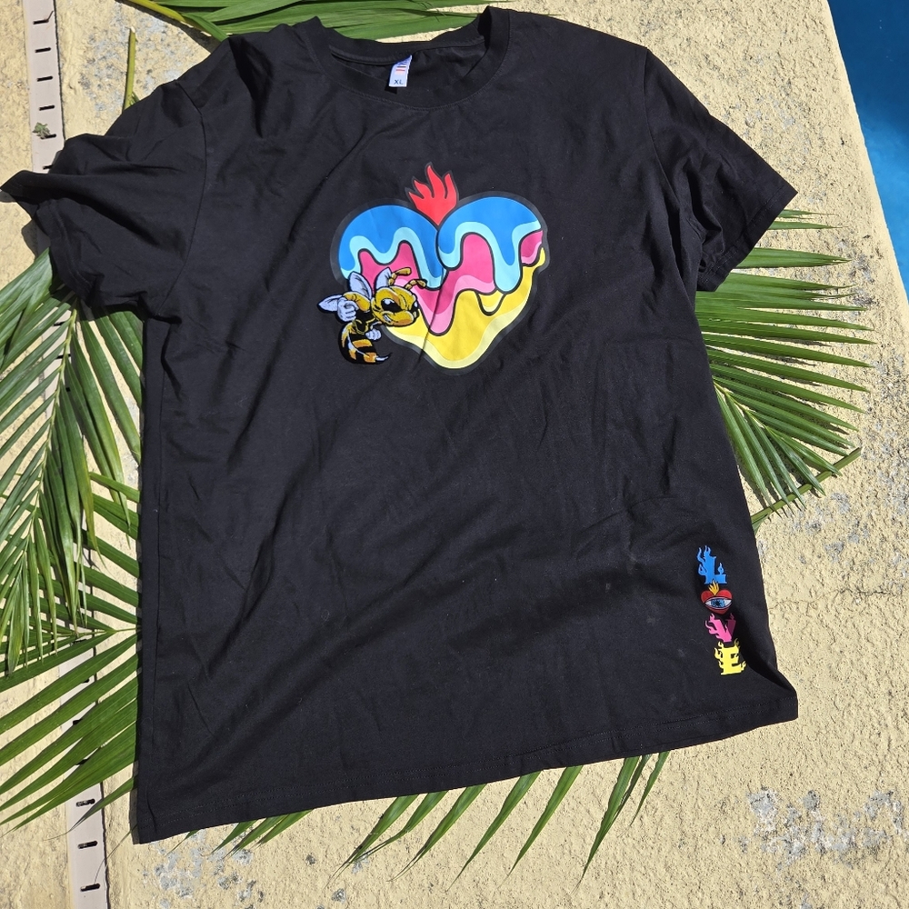 Black Graphic Tee with Colorful Heart Design